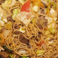 Beef Yakisoba · Beef with cabbage, broccoli, carrots, bean sprouts, and Worcestershire sauce.