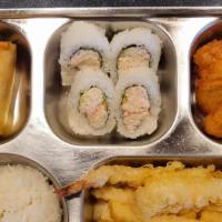 Kid'S Bento · Rice, fries, shrimp tempura(2pcs), egg roll, chicken nuggets, California roll(4pcs) with a c...