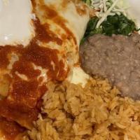 Enchiladas De Camaron · Three shrimp enchiladas topped with our ranchera salsa, jack cheese and sour cream. Rice and...