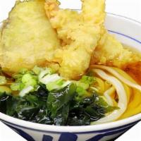 Tempura Udon · Homemade udon noodle with dashi soup, wakame (seasoned seaweed), 2 shrimps and sweet potato ...