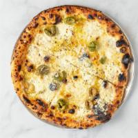 Blanco Pizza · garlic confit, fromage blanc, mozzarella, fontina, parmesan, green olives