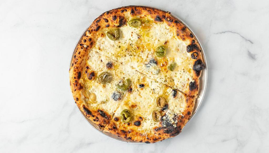 Blanco Pizza · garlic confit, fromage blanc, mozzarella, fontina, parmesan, green olives