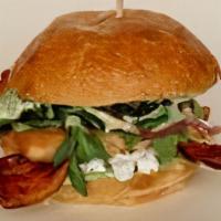Grilled Chicken · Chicken breast, arugula, pickled red onion, bacon, avocado, goat cheese, sweet bun, green go...