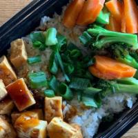 Tofu Rice Plate · Grilled Tofu, steamed rice, steamed broccoli and carrots. Grilled Tofu topped and cooked wit...
