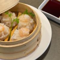 Shrimp Dumplings (4) · Steamed shrimp dumplings served with special soy sauce and mustard.