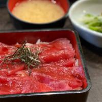 Tekka Don Lunch · Sliced marinated bigeye tuna sashimi in special soy sauce served over a bed of sushi rice.
