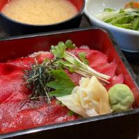 Premium Tekka Don Lunch · Sliced marinated bluefin tuna sashimi in special soy sauce served over a bed of sushi rice.