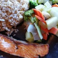 Salmon Teriyaki Box · Vegetable tempura, four pieces goyza, california roll.