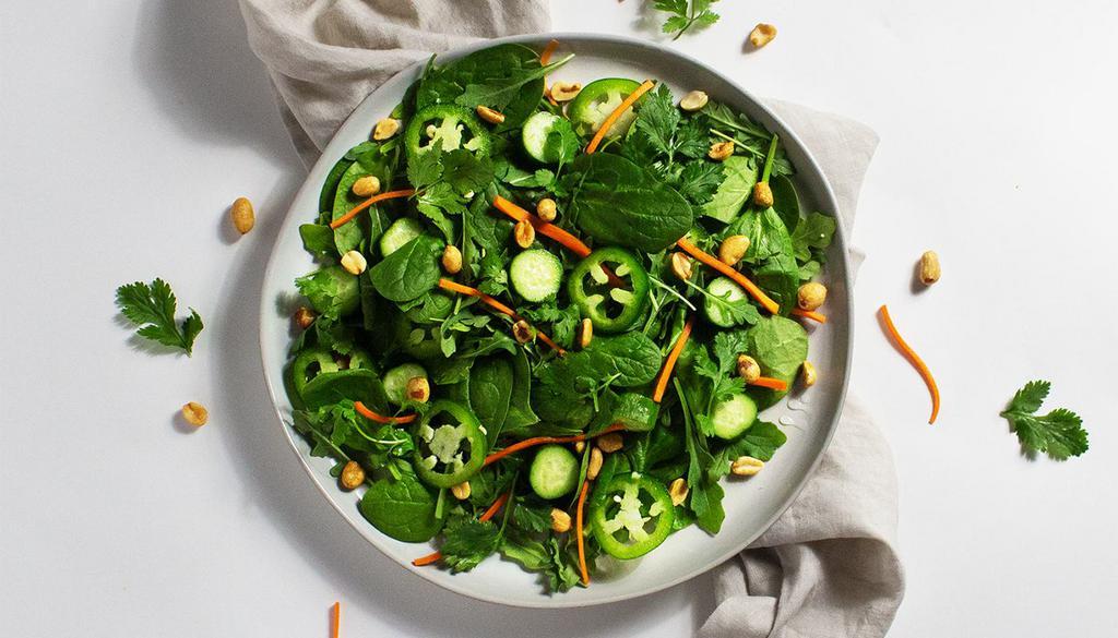 Thai Salad · Shredded carrots, cucumbers, cilantro, jalapenos, and peanuts with your choice of greens and dressing.