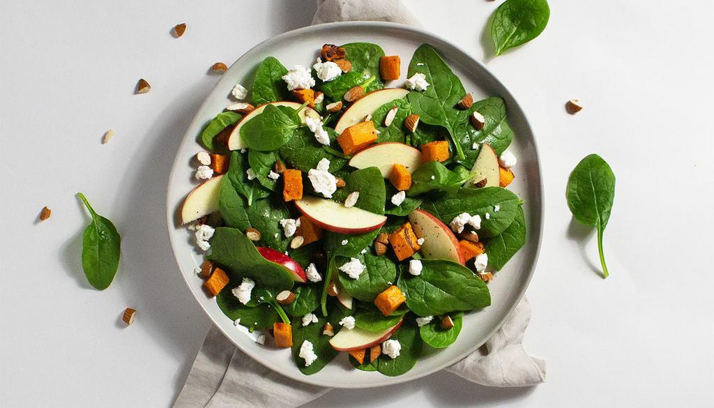 Apple Sweet Potato Salad · Apples, sweet potatoes, goat cheese, and almonds, with your choice of greens and dressing.