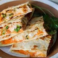 Diablo Shrimp Quesadilla · Grilled shrimp, chipotle diablo marinade, black beans, fire roasted corn, pickled onions, ci...