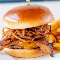 Bbq Bacon Burger · Your choice of burger patty served with house BBQ sauce, crispy onion strings, thick cut app...