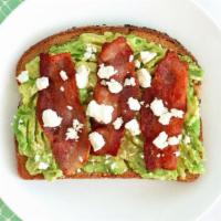 Bgt Avocado Toast · Avocado toast with bacon and goat cheese.