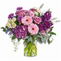 Magnificent Mauves Bouquet · This harmonic mix of deep purple hydrangea with light lavender roses and sweet pink gerberas...