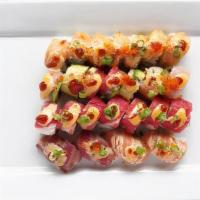 Combo E · Includes spicy ninja (sear tuna, spicy tuna, avo, shrimp temp, spicy mayo, sriracha, tobiko,...