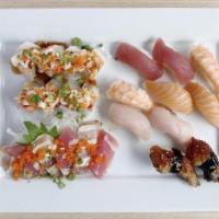 Combo B · Includes jeff roll (walnut shrimp, seared salmon, seared tuna, spicy shrimp, spicy mayo, sri...