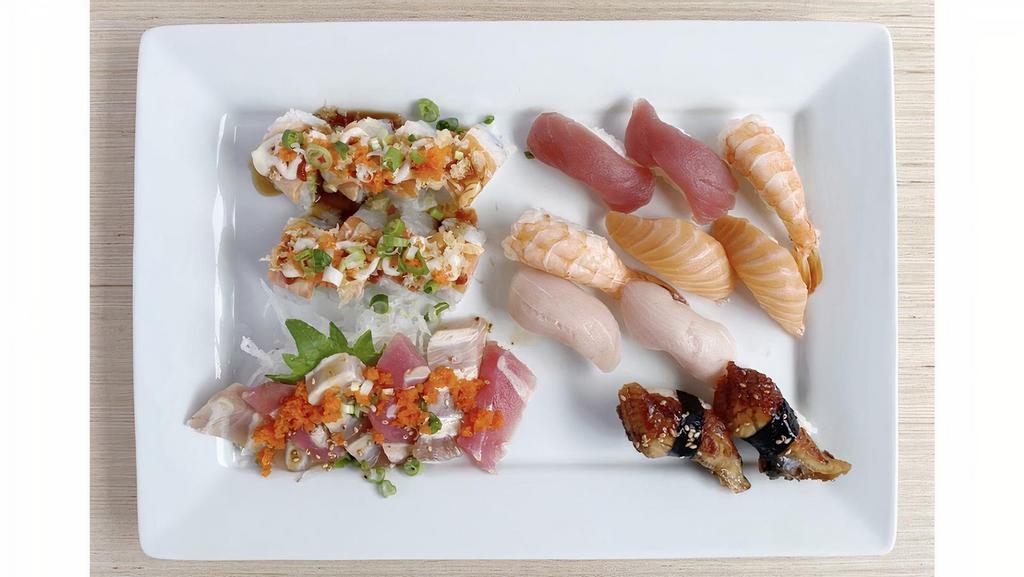 Combo B · Includes jeff roll (walnut shrimp, seared salmon, seared tuna, spicy shrimp, spicy mayo, sriracha, tobiko, tempura flakes, avocado, green onion, teriyaki sauce), spicy seared tuna or salmon (customer's choice), 10 pieces nigiri sushi (ebi, unagi, sake, hamachi, maguro) edamame.