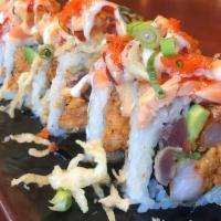 Jeff Roll · Walnut shrimp, seared salmon, seared tuna, spicy shrimp, spicy mayo, sriracha, tobiko, tempu...