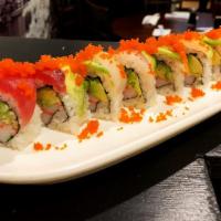 Rainbow Roll · Cucumber, avocado and crab inside, topped with assorted fish.