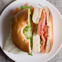 Bagel & Lox · Toated bagel of choice, smoked salmon, lettuce, tomato, red onion, capers, and cream cheese.