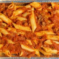 Meaty Ziti Penne · (serves 4-6) penne pasta in a meat sauce mixed with seasoned peppers, onions and cheese