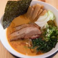 Spicy Miso · Spicy. Miso broth, pork chashu, green onion, spinach, bean sprouts, cabbage, bamboo shoots, ...