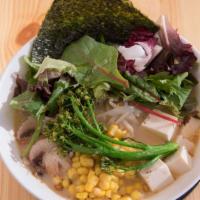 Vegetarian · Sesame miso broth, broccoli, tofu, corn, bean sprouts, spring mix, sesame oil.