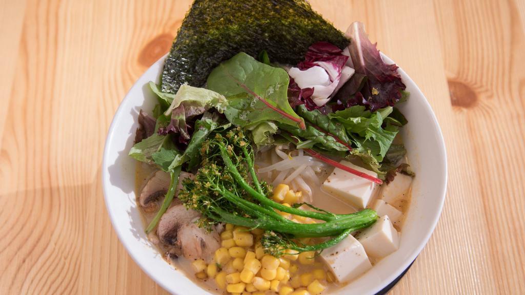 Vegetarian Ramen (Our Signature) · Sesame miso broth, broccoli, tofu, corn, bean sprouts, spring mix,mushrooms, sesame oil.
