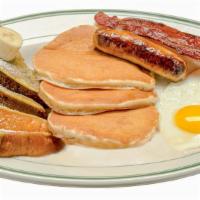 Axeman’S Griddle Sampler · Two eggs, your choice of two pieces of bacon, two sausage links or one sausage patty and thr...