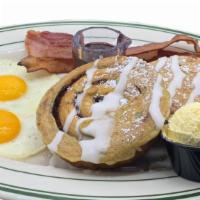 Cinnamon Roll French Toast Combo · Two eggs, your choice of two strips of bacon, or two sausage links, or one sausage patty, an...