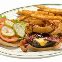 Western Bbq Burger · 1/2 Lb. Burger with our homemade bbq sauce, american cheese, onion rings, Two strips of baco...