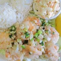 Garlic Shrimp · Fried Shrimp sauteed with rich of garlic, and green onion. Served with 2 scoops of rice & 1 ...