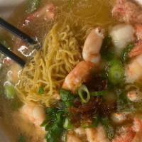 Crab & Shrimp Egg Noodle Soup · Egg noodles with crab meat and shrimp in a delicious chicken broth.