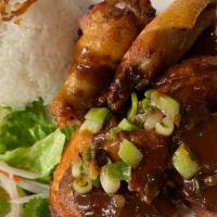 Barbecued Chicken On A Bed Of Fresh Greens · Served with steamed rice.