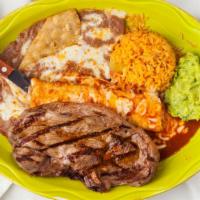 Carne Asada · 9 oz USDA choice top sirloin steak broiled to perfection. Served with one cheese enchilada, ...