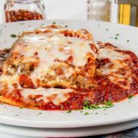 Lasagna Bolognese · With bolognese sauce topped with mozzarella. Served with homemade soup or dinner salad with ...