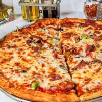 The Works Pizza · Black olives, green peppers, pepperoni, mushrooms, white onions, salami, sausage, and mozzar...