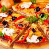Vegetarian Feast Pizza · Fresh tomatoes, black olive, red and green peppers, mushrooms, red onions, and mozzarella wi...