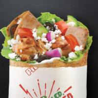 Super Greek With Schug · Gyro and Chicken Souvlaki with Spinach, Tomatoes, Cucumbers, Onions, Black Olives, Feta, Sch...