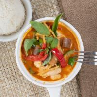 Red Curry · Spicy. Homemade Red curry with bamboo shoot, basil leaves, bell peppers, eggplant, and cocon...
