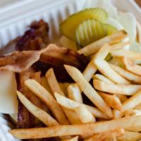 Bacon & Cheese Burger · Topped with 2 bacon strips, melted swiss, and garnished with lettuce, tomato, pickle, and 10...