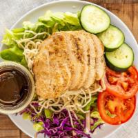 La Bou Chicken Salad · 452 cal – Teriyaki chicken breast, pasta, cucumber and tomato on a bed of greens, served wit...