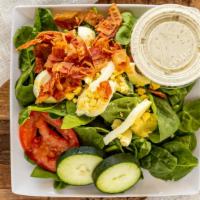 Spinach Salad · sm. 115 cal / lg. 222 cal – Fresh spinach, crumbled bacon, chopped eggs, cucumbers, and tomato
