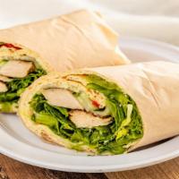 Chicken Caesar Wrap · Herb roasted chicken, Asiago cheese, cucumber, roasted bell pepper, romaine lettuce and lemo...