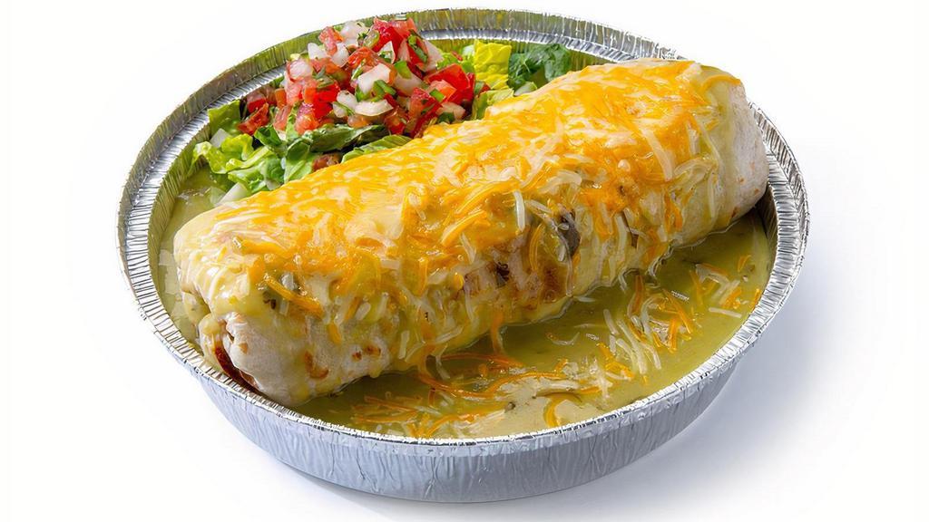 Burritos · Stuffed with meat, cheese, rice, beans and sauce, then smothered with extra sauce and cheese. Garnished with lettuce and pico de gallo.