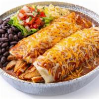 Enchiladas · Stuffed with meat, cheese and sauce. Served with cilantro lime rice, and choice of beans.