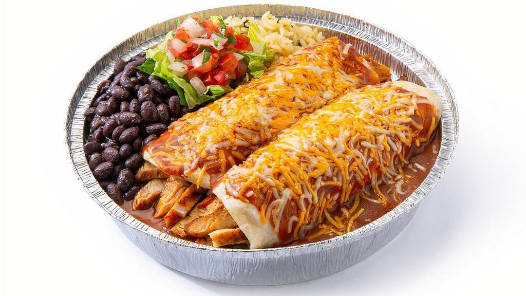 Enchiladas · Stuffed with meat, cheese and sauce. Served with cilantro lime rice, and choice of beans.