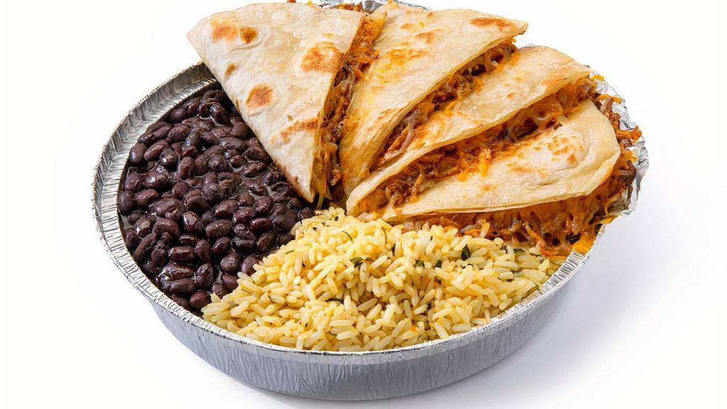 Quesadillas · Filled with meat and cheese. Served with cilantro lime rice and choice of beans.