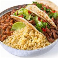 Tacos · Filled with meat, cheese, lettuce and pico de gallo. Served with cilantro lime rice and choi...