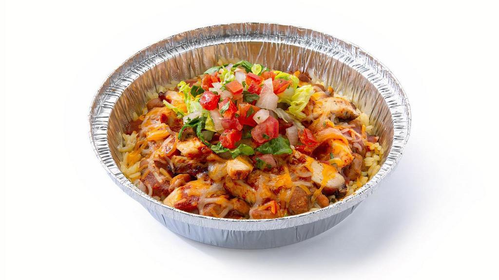 Baja Bowls · Filled with meat, cheese, rice, beans and sauce. Garnished with lettuce and pico de gallo.